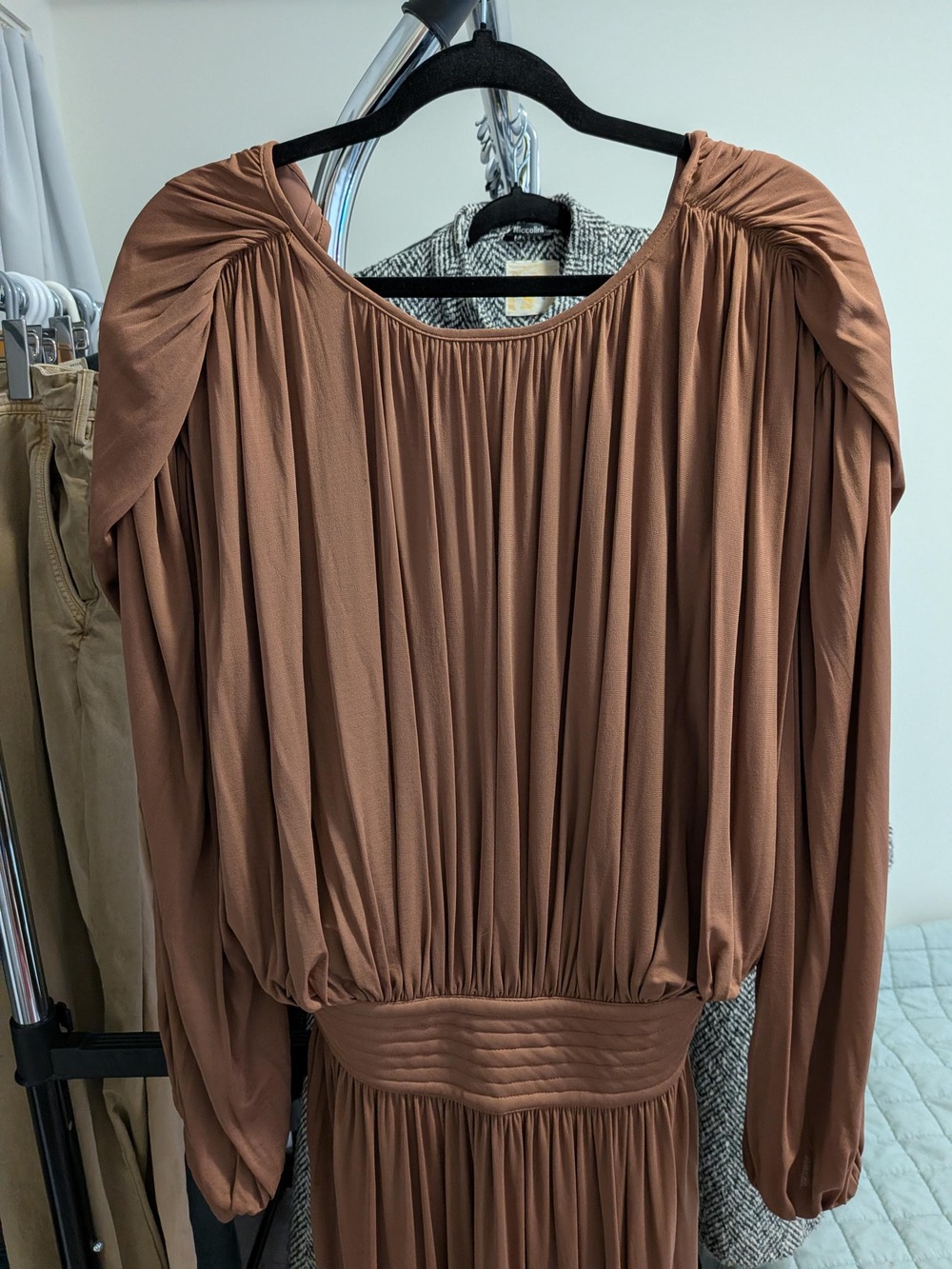 Wayne Clark Couture Brown Maxi Dress: 1980s Ruched Waist Evening Gown, Size US 6